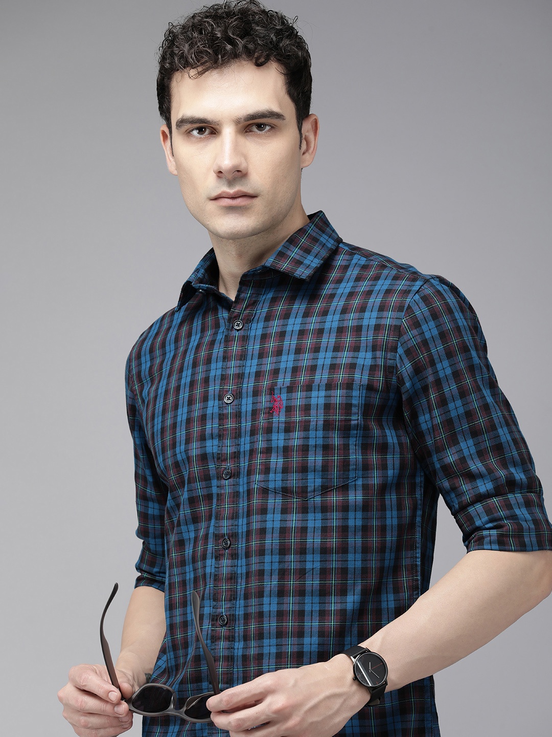 

U.S. Polo Assn. Men Tailored Fit Tartan Checks Pure Cotton Casual Shirt, Blue