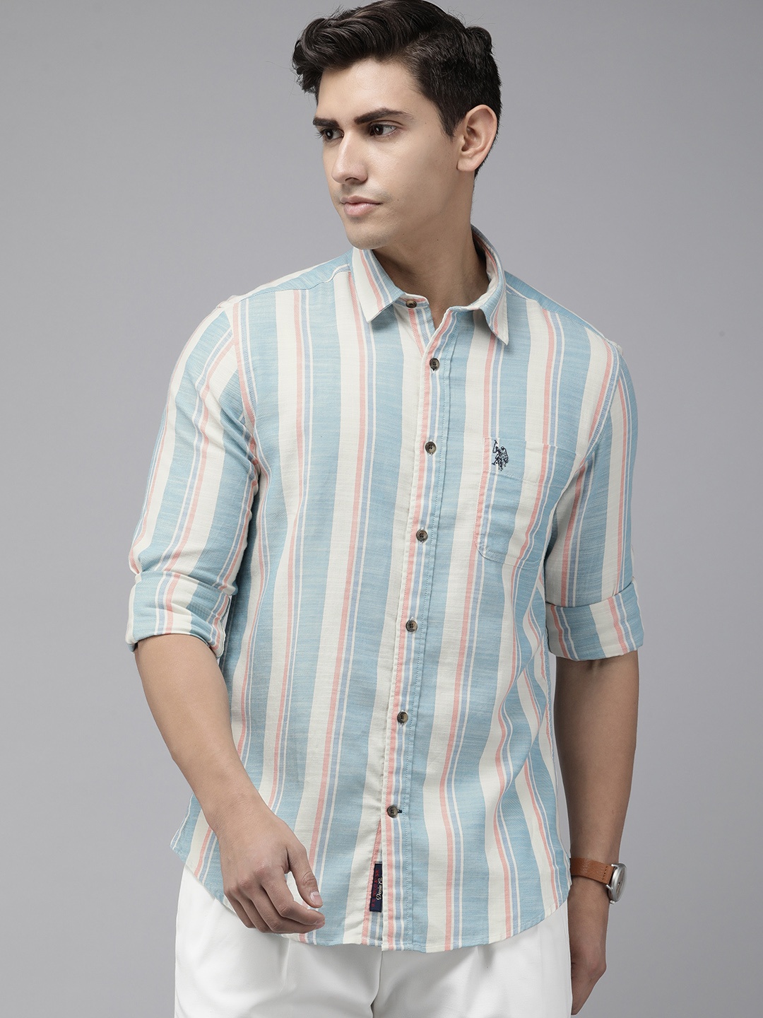 

U.S. Polo Assn. Denim Co. Pure Cotton Slim Fit Opaque Striped Casual Shirt, Sea green