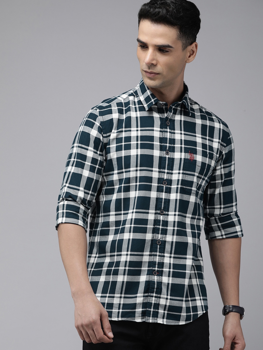 

U.S. Polo Assn. Denim Co. Pure Cotton Slim Fit Checked Casual Shirt, Navy blue