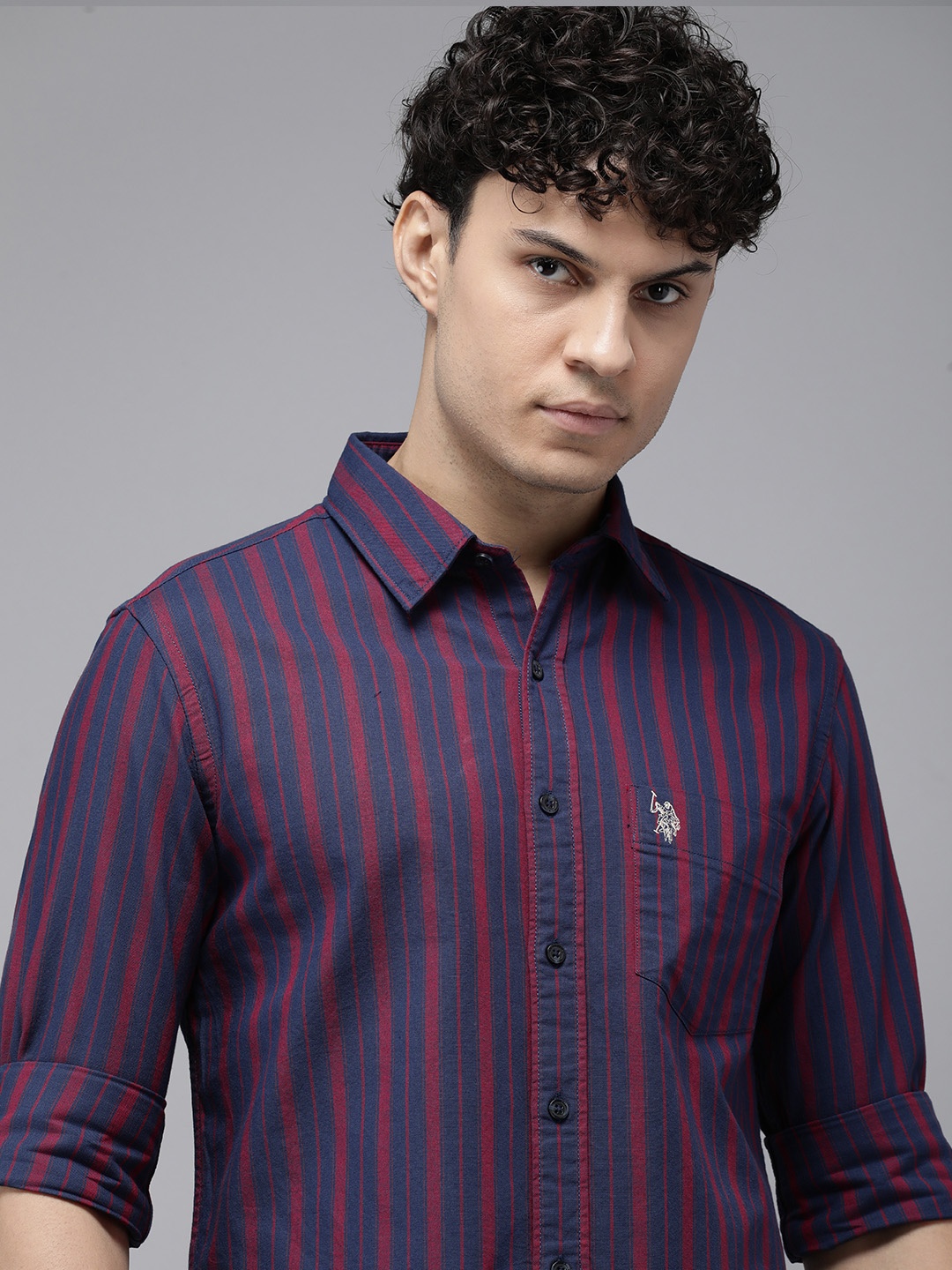 

U.S. Polo Assn. Pure Cotton Tailored Fit Opaque Striped Casual Shirt, Navy blue