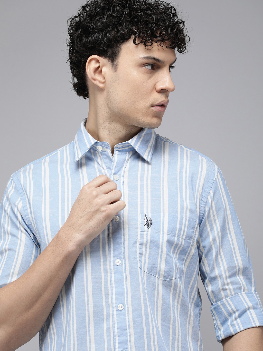 

U.S. Polo Assn. Tailored Fit Opaque Striped Pure Cotton Casual Shirt, Blue