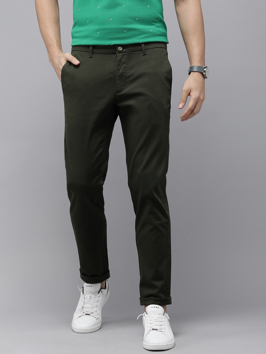 

U.S. Polo Assn. Men Textured Denver Slim Fit Chinos Trousers, Olive