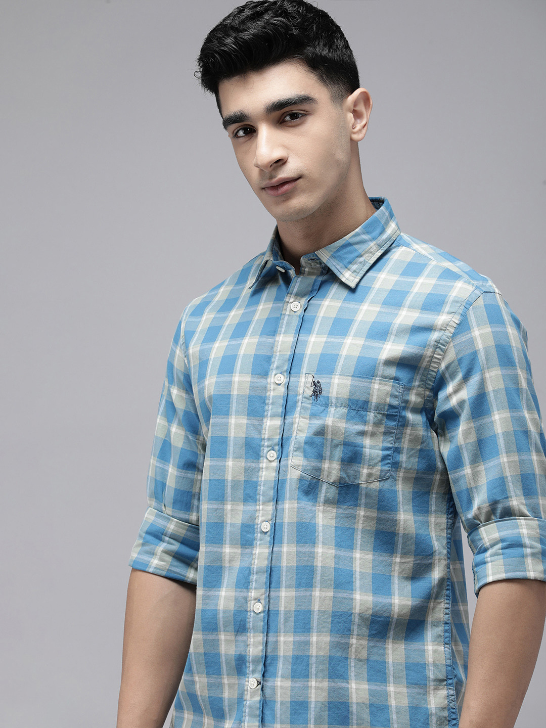 

U.S. Polo Assn. Pure Cotton Tailored Fit Checked Casual Shirt, Blue