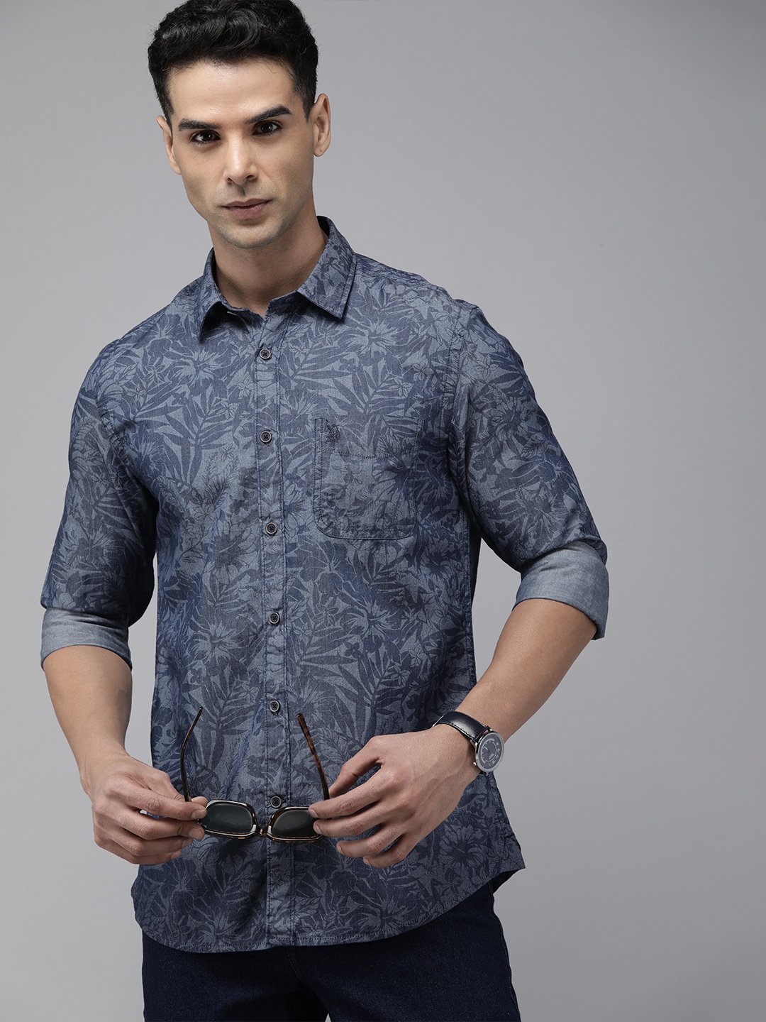 

U.S. Polo Assn. Denim Co. Slim Fit Floral Printed Pure Cotton Casual Shirt, Blue
