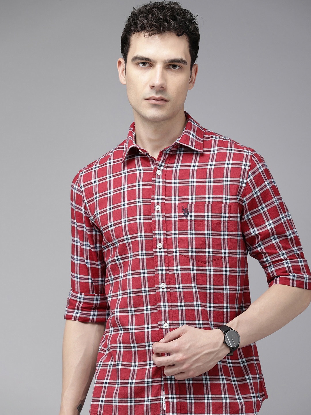 

U.S. Polo Assn. Men Tailored Fit Tartan Checks Pure Cotton Casual Shirt, Red