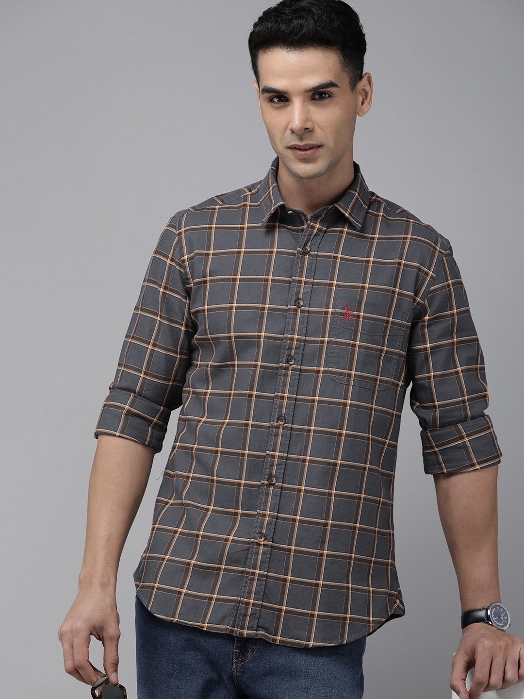 

U.S. Polo Assn. Denim Co. Slim Fit Checked Pure Cotton Casual Shirt, Grey