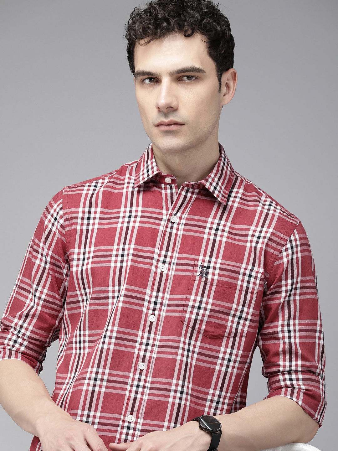 

U.S. Polo Assn. Men Tailored Fit Tartan Checks Pure Cotton Casual Shirt, Red