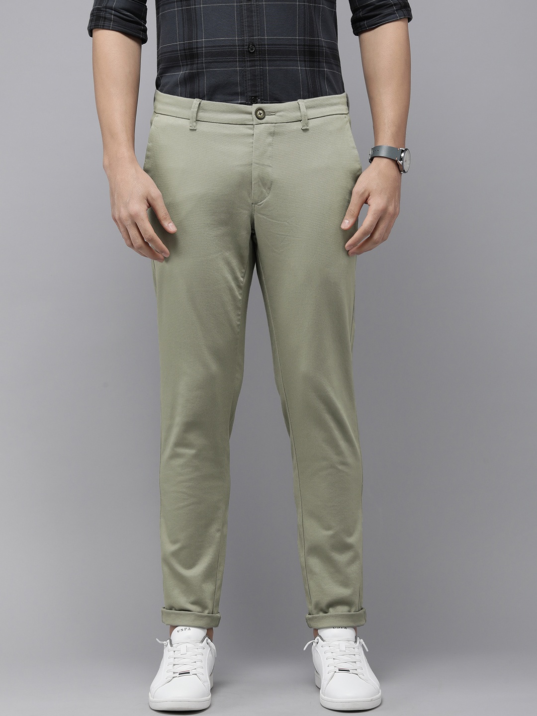 

U.S. Polo Assn. Men Textured Slim Fit Mid-Rise Chinos Trousers, Green