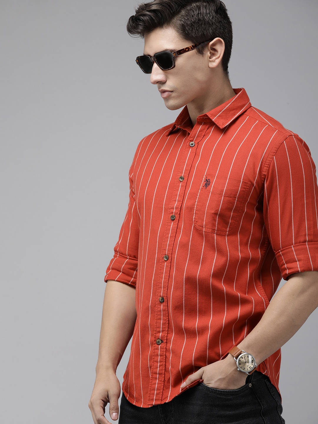 

U.S. Polo Assn. Denim Co. Pure Cotton Slim Fit Opaque Striped Casual Shirt, Red