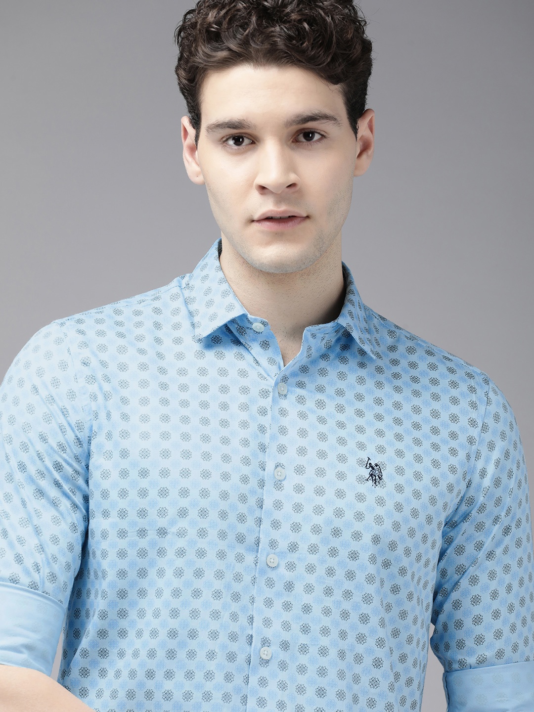 

U.S. Polo Assn. Tailored Fit Geometric Printed Pure Cotton Casual Shirt, Blue