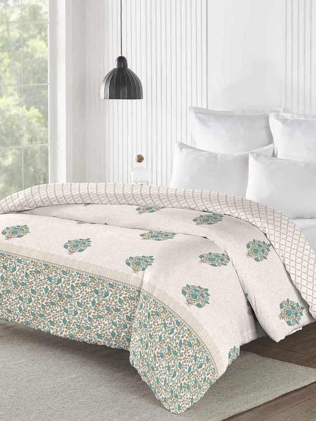 

MYTRIDENT Road to Jaipur White Green Floral Cotton AC Room 150 GSM Double Bed Comforter