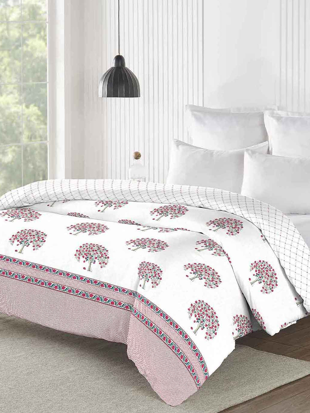 

MYTRIDENT White & Pink Floral Cotton AC Room 150 GSM Double Bed Comforter