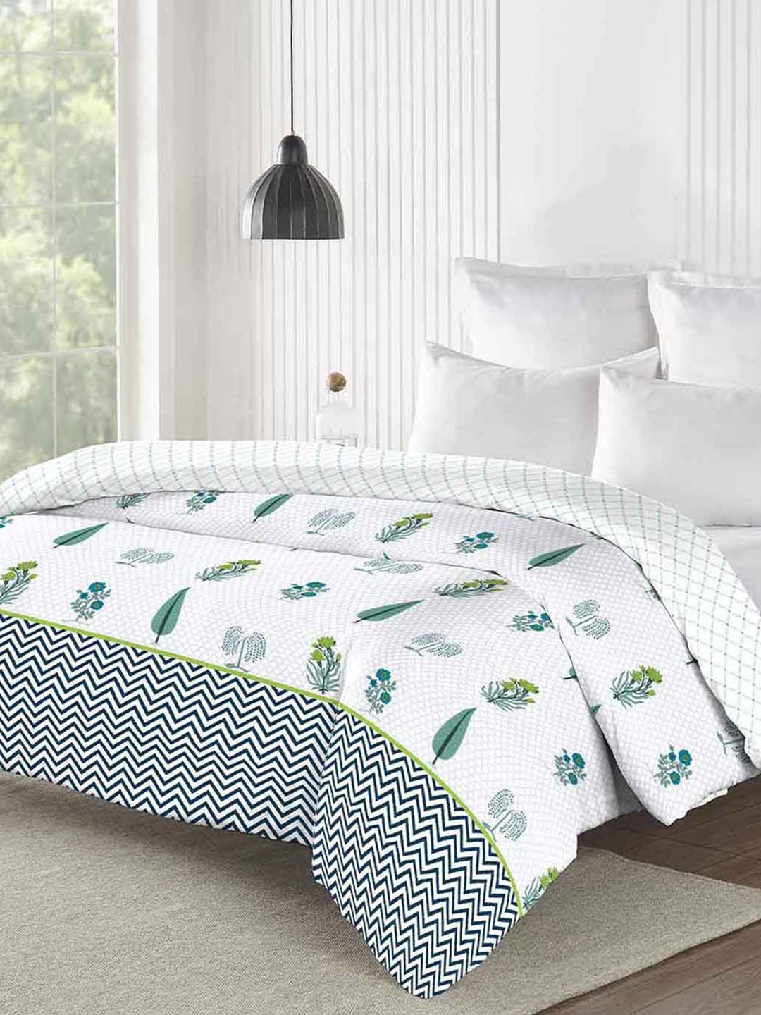 

MYTRIDENT Road To Jaipur White & Green Floral Cotton AC Room 150 GSM Double Bed Comforter