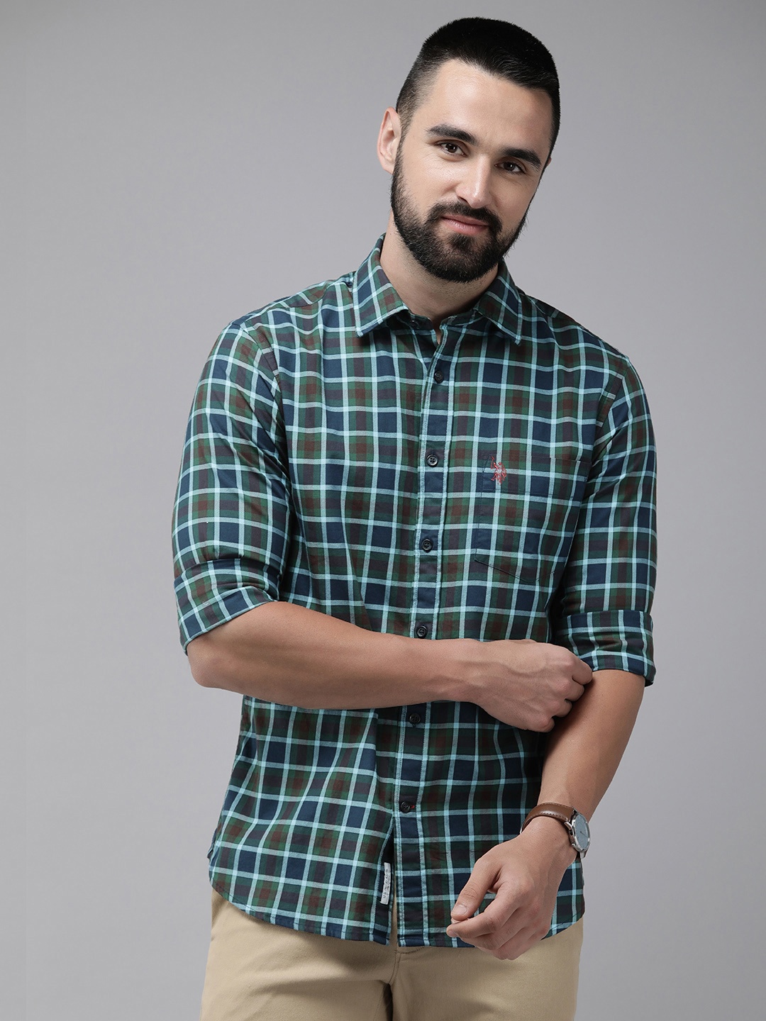 

U.S. Polo Assn. Pure Cotton Tailored Fit Checked Casual Shirt, Green