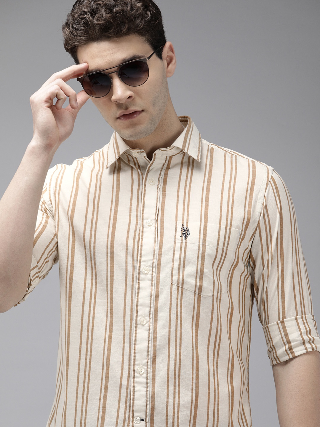 

U.S. Polo Assn. Pure Cotton Tailored Fit Opaque Striped Casual Shirt, Off white