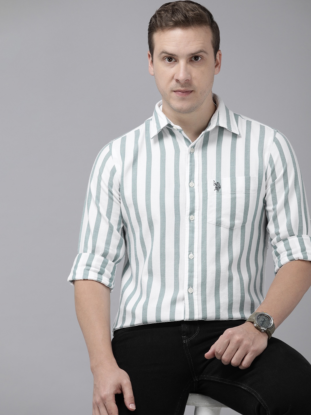 

U.S. Polo Assn. Pure Cotton Tailored Fit \Striped Casual Shirt, Green