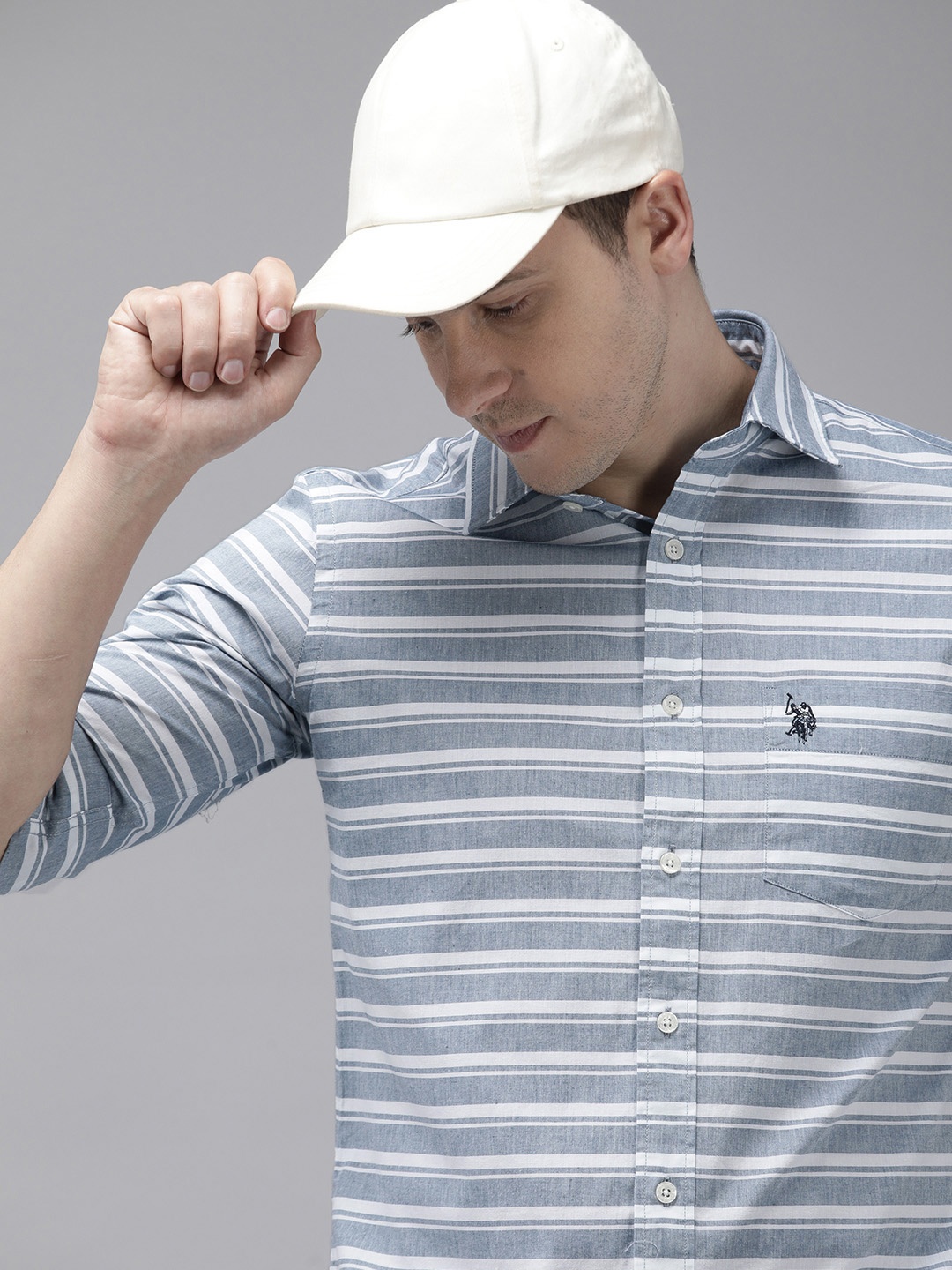 

U.S. Polo Assn. Pure Cotton Tailored Fit Horizontal Striped Casual Shirt, Blue
