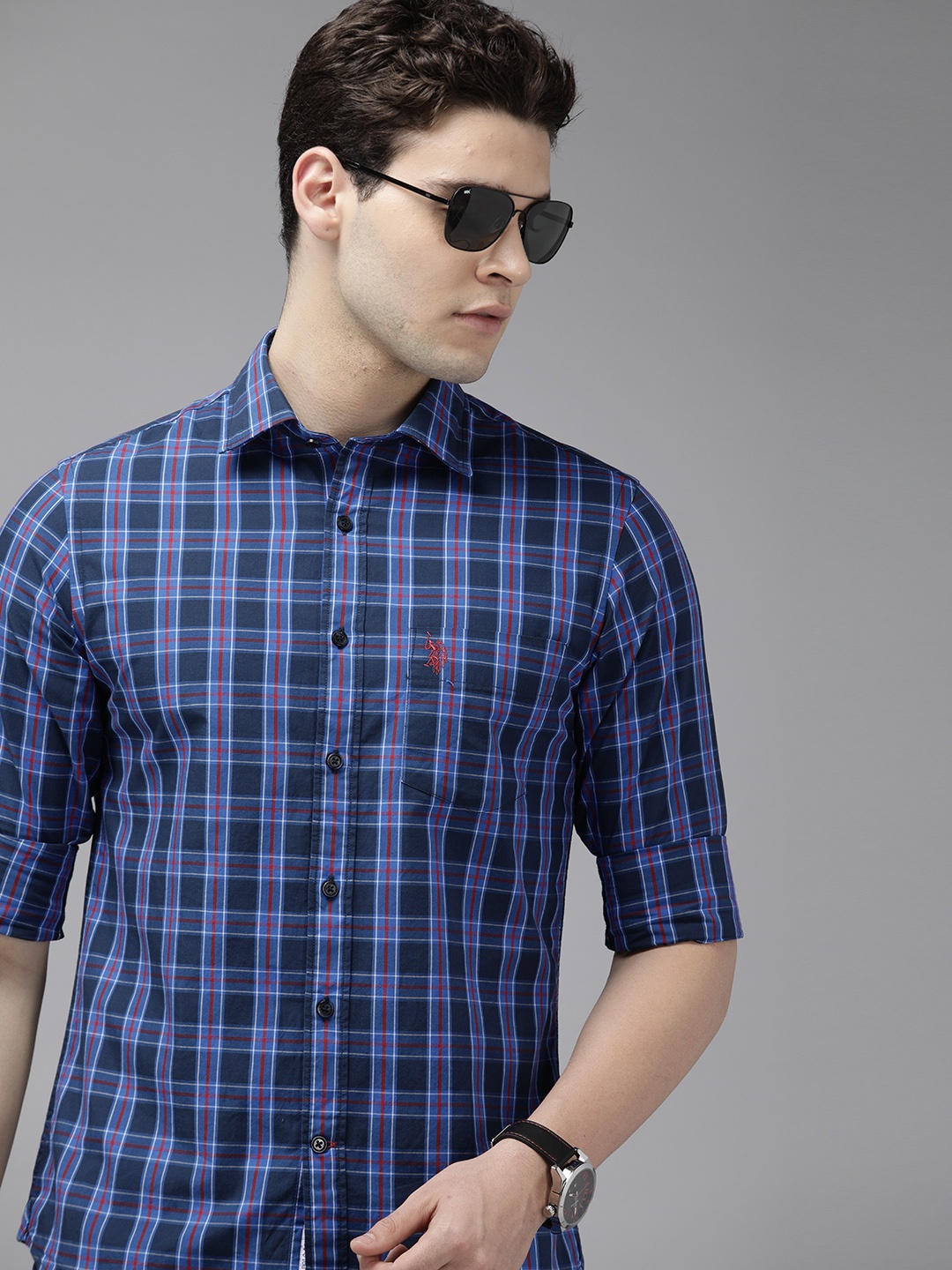 

U.S. Polo Assn. Pure Cotton Tailored Fit Tartan Checks Opaque Checked Casual Shirt, Blue