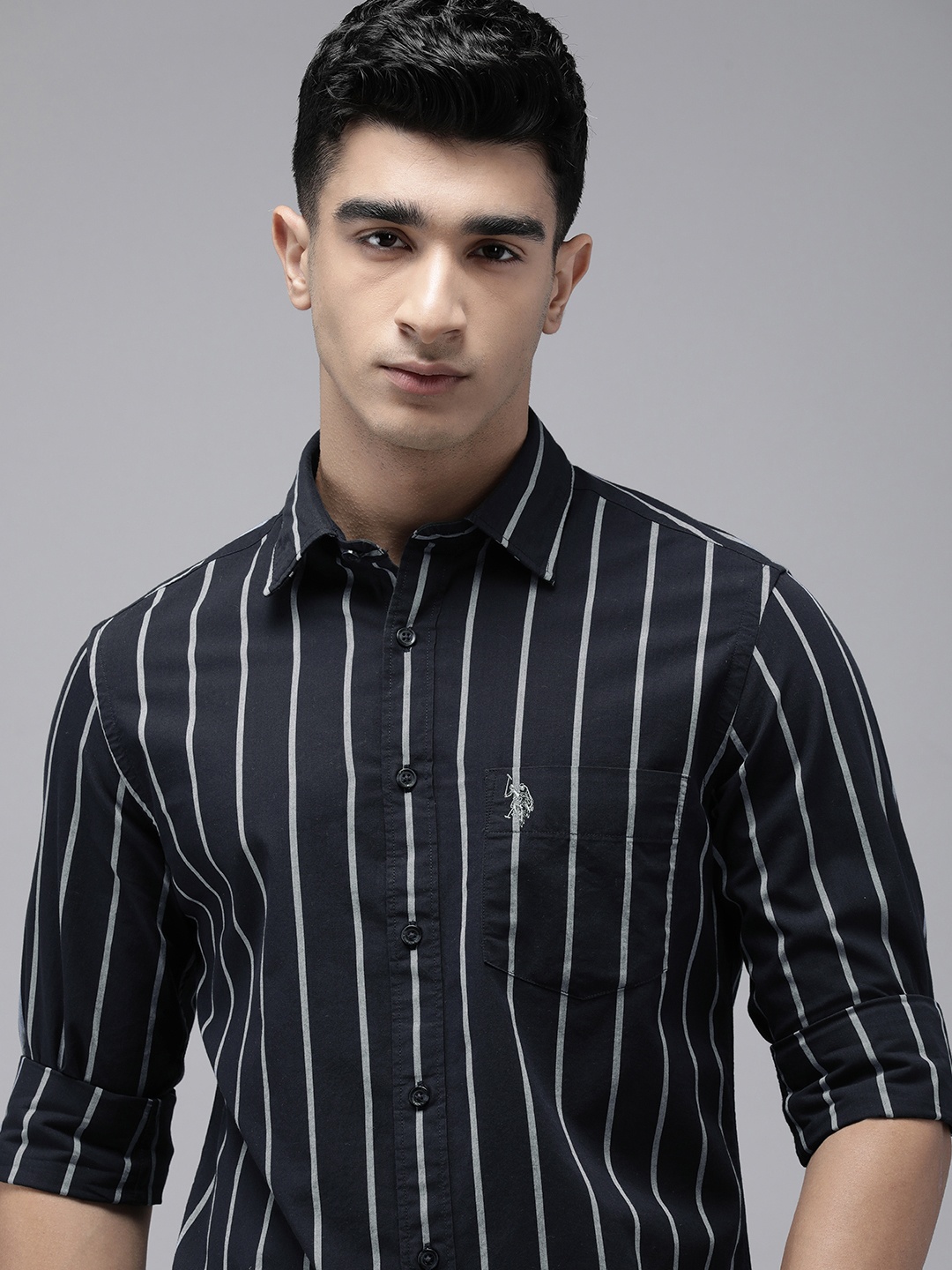 

U.S. Polo Assn. Pure Cotton Tailored Fit Striped Casual Shirt, Navy blue