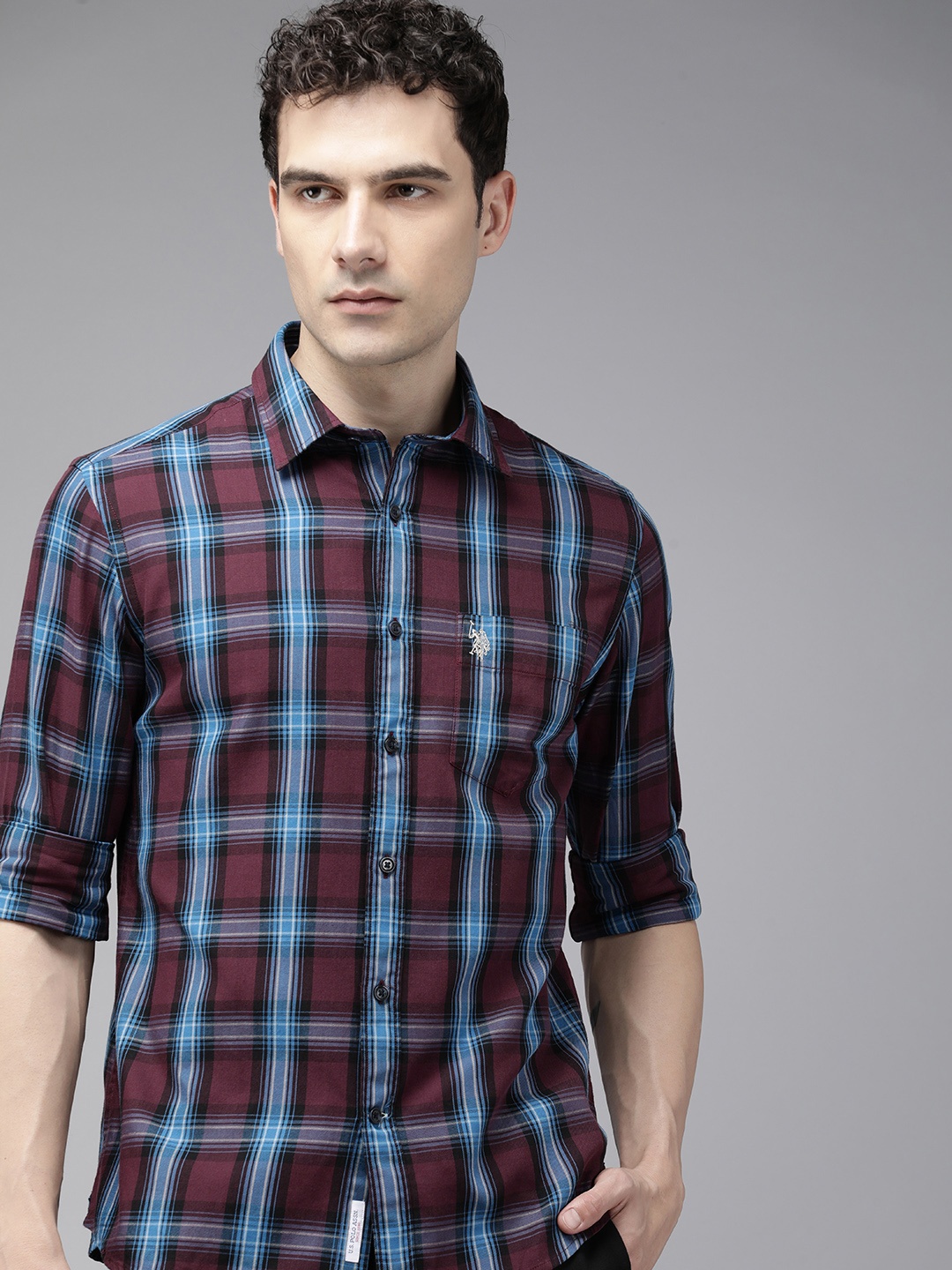 

U.S. Polo Assn. Tailored Fit Pure Cotton Checked Casual Shirt, Maroon
