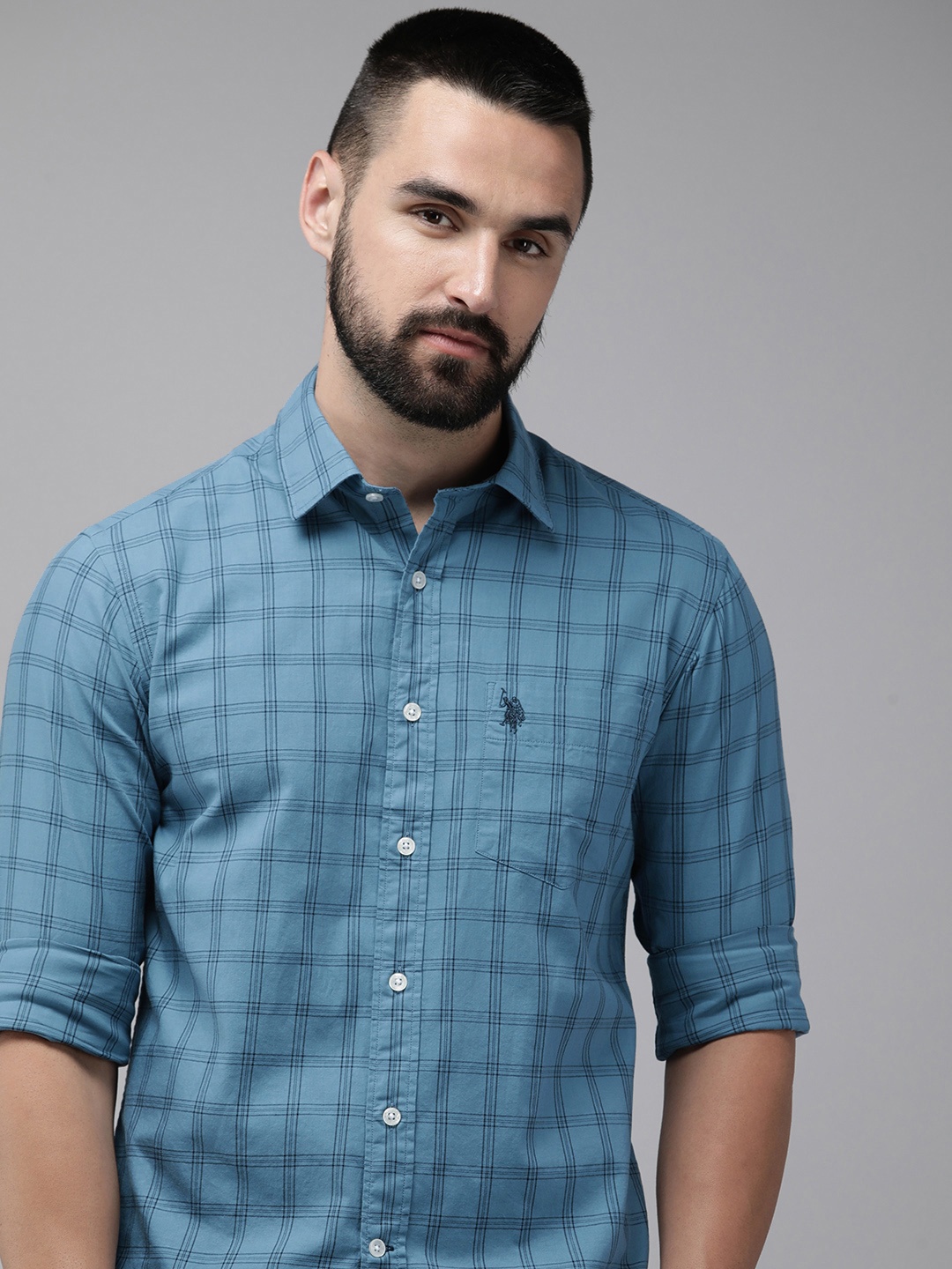 

U.S. Polo Assn. Tailored Fit Checked Pure Cotton Casual Shirt, Blue