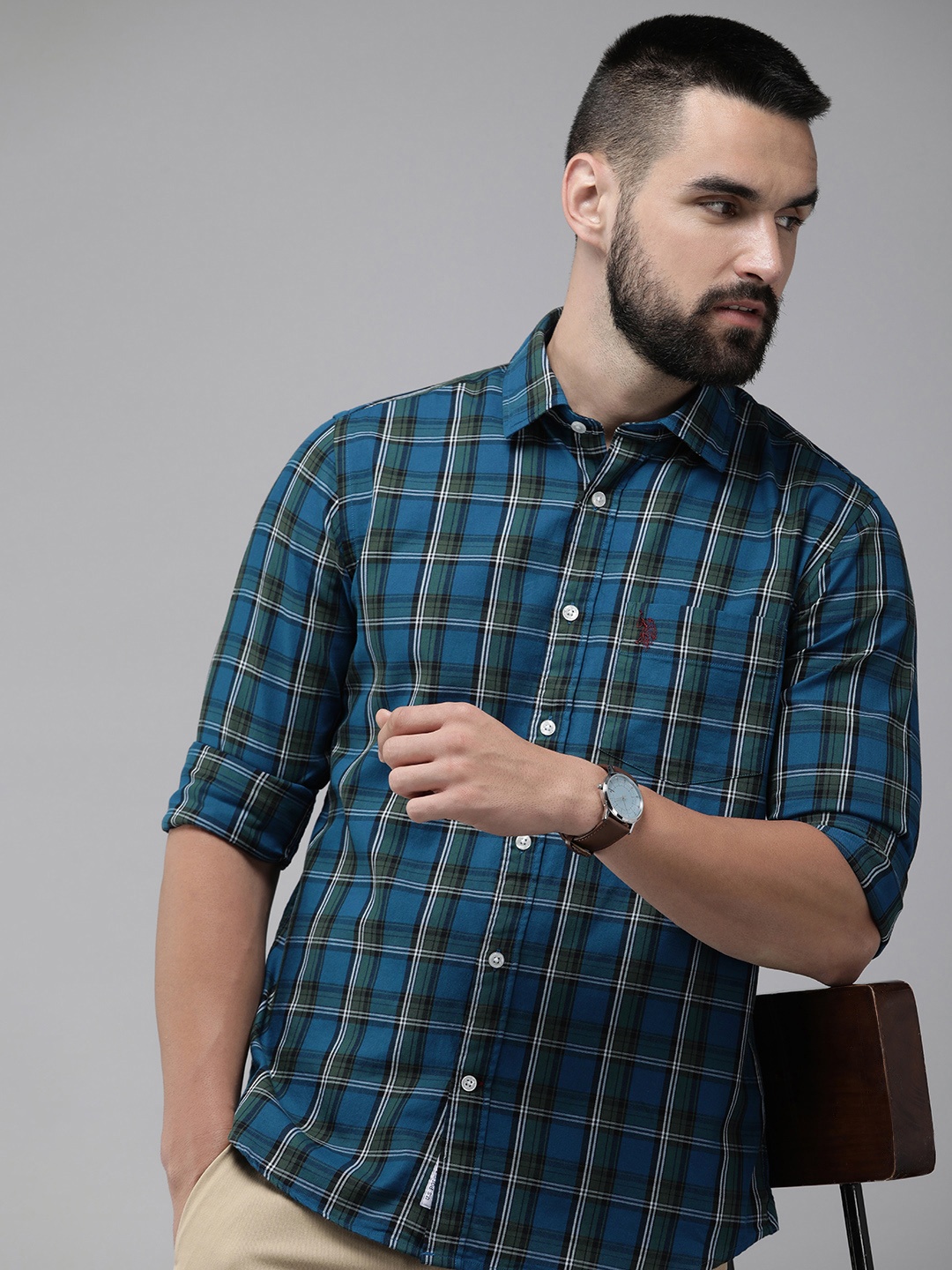 

U.S. Polo Assn. Pure Cotton Tailored Fit Checked Casual Shirt, Blue