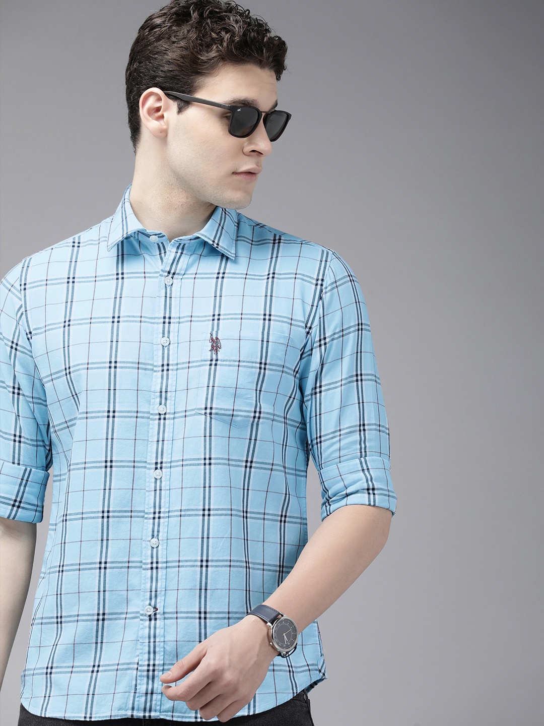 

U.S. Polo Assn. Pure Cotton Tailored Fit Checked Casual Shirt, Blue