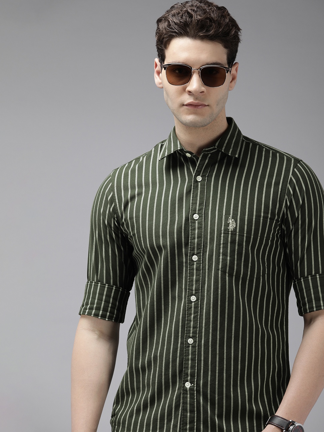 

U.S. Polo Assn. Pure Cotton Tailored Fit Opaque Striped Casual Shirt, Olive