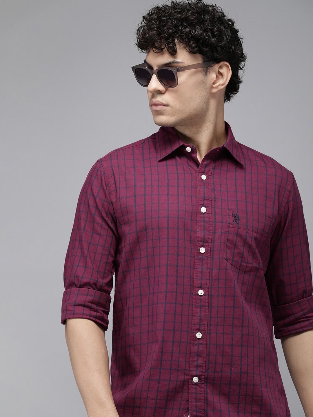 

U.S. Polo Assn. Pure Cotton Tailored Fit Grid Tattersall Checked Casual Shirt, Magenta