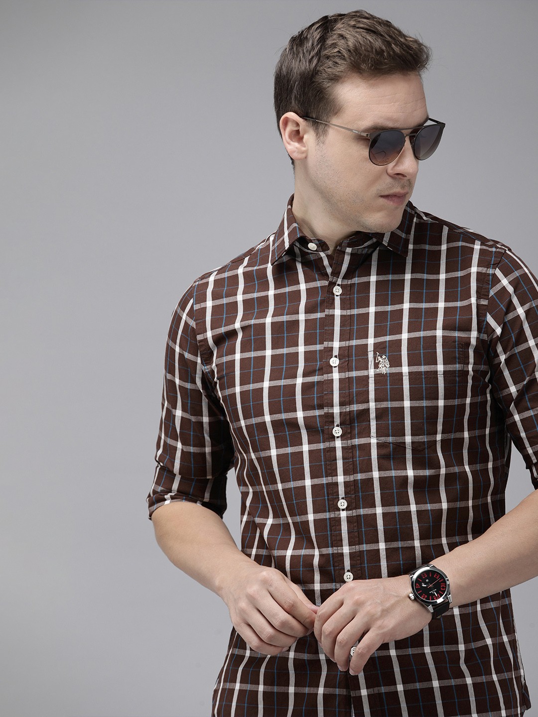 

U.S. Polo Assn. Pure Cotton Tailored Fit Grid Tattersall Checked Casual Shirt, Brown