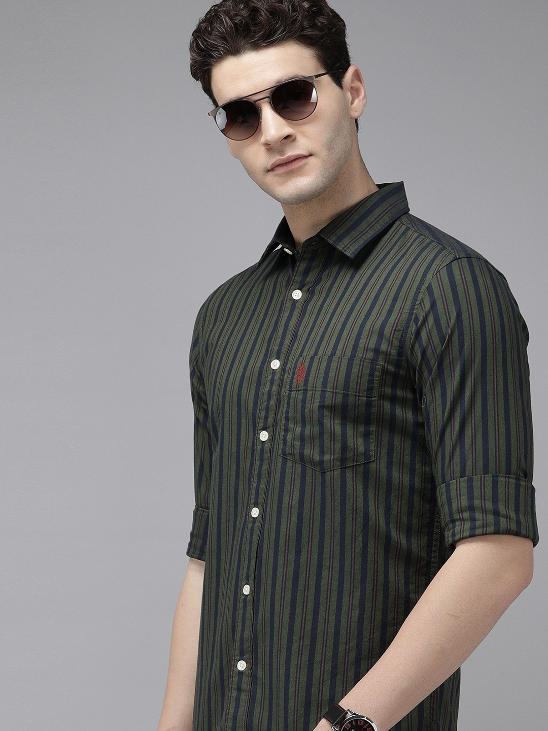 

U.S. Polo Assn. Pure Cotton Tailored Fit Striped Casual Shirt, Green