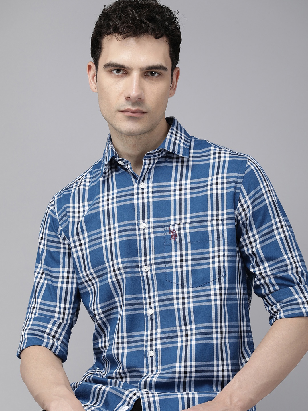 

U.S. Polo Assn. Pure Cotton Tailored Fit Checked Casual Shirt, Blue