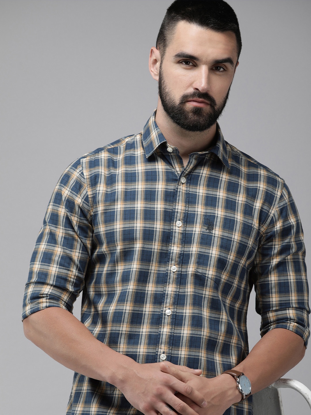

U.S. Polo Assn. Tailored Fit Checked Pure Cotton Casual Shirt, Teal