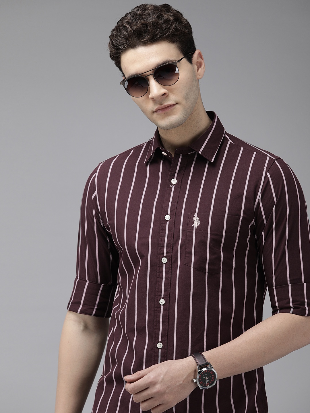 

U.S. Polo Assn. Pure Cotton Tailored Fit Striped Casual Shirt, Maroon