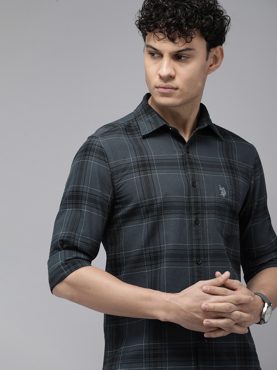 

U.S. Polo Assn. Pure Cotton Tailored Fit Tartan Checked Casual Shirt, Grey