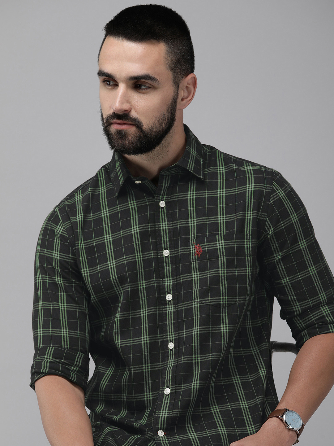 

U.S. Polo Assn. Tailored Fit Checked Pure Cotton Casual Shirt, Black