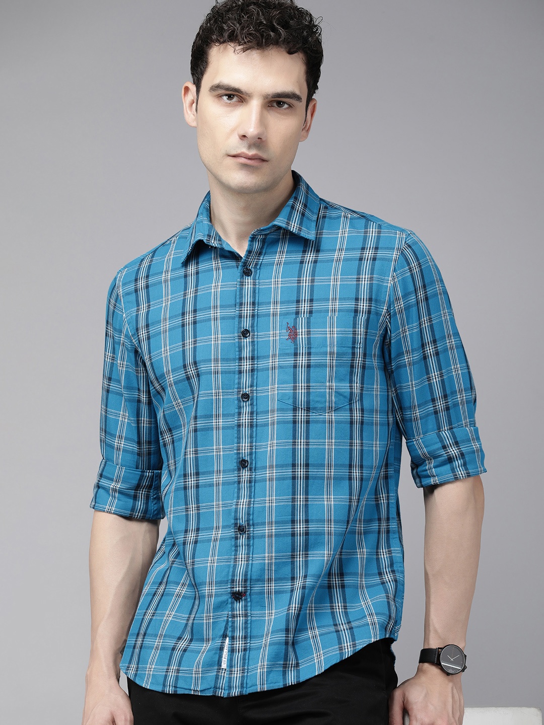 

U.S. Polo Assn. Tailored Fit Tartan Checked Pure Cotton Shirt, Blue