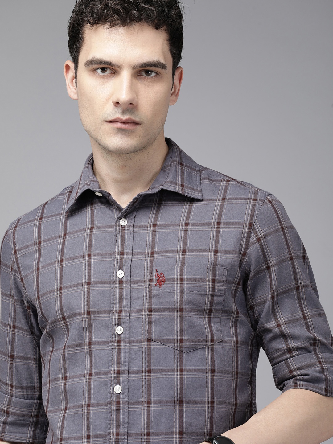 

U.S. Polo Assn. Tailored Fit Windowpane Checks Pure Cotton Shirt, Grey