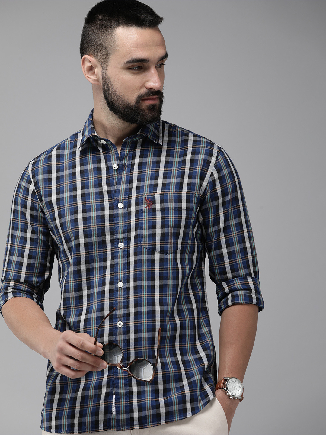 

U.S. Polo Assn. Pure Cotton Tailored Fit Checked Casual Shirt, Navy blue