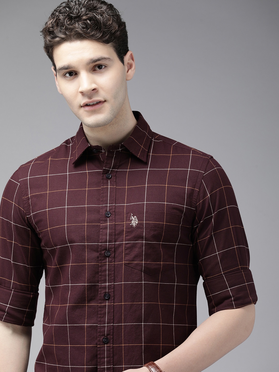 

U.S. Polo Assn. Pure Cotton Tailored Fit Opaque Checked Casual Shirt, Burgundy