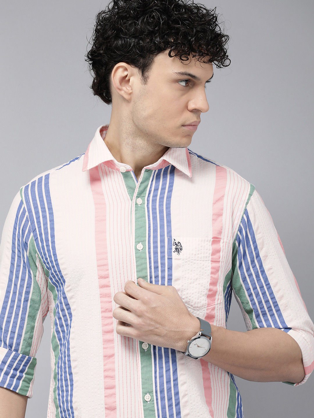 

U.S. Polo Assn. Pure Cotton Tailored Fit Striped Casual Shirt, Blue