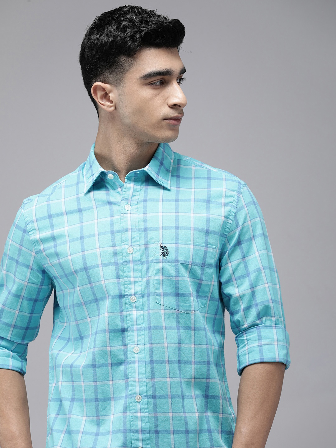 

U.S. Polo Assn. Pure Cotton Tailored Fit Opaque Checked Casual Shirt, Blue