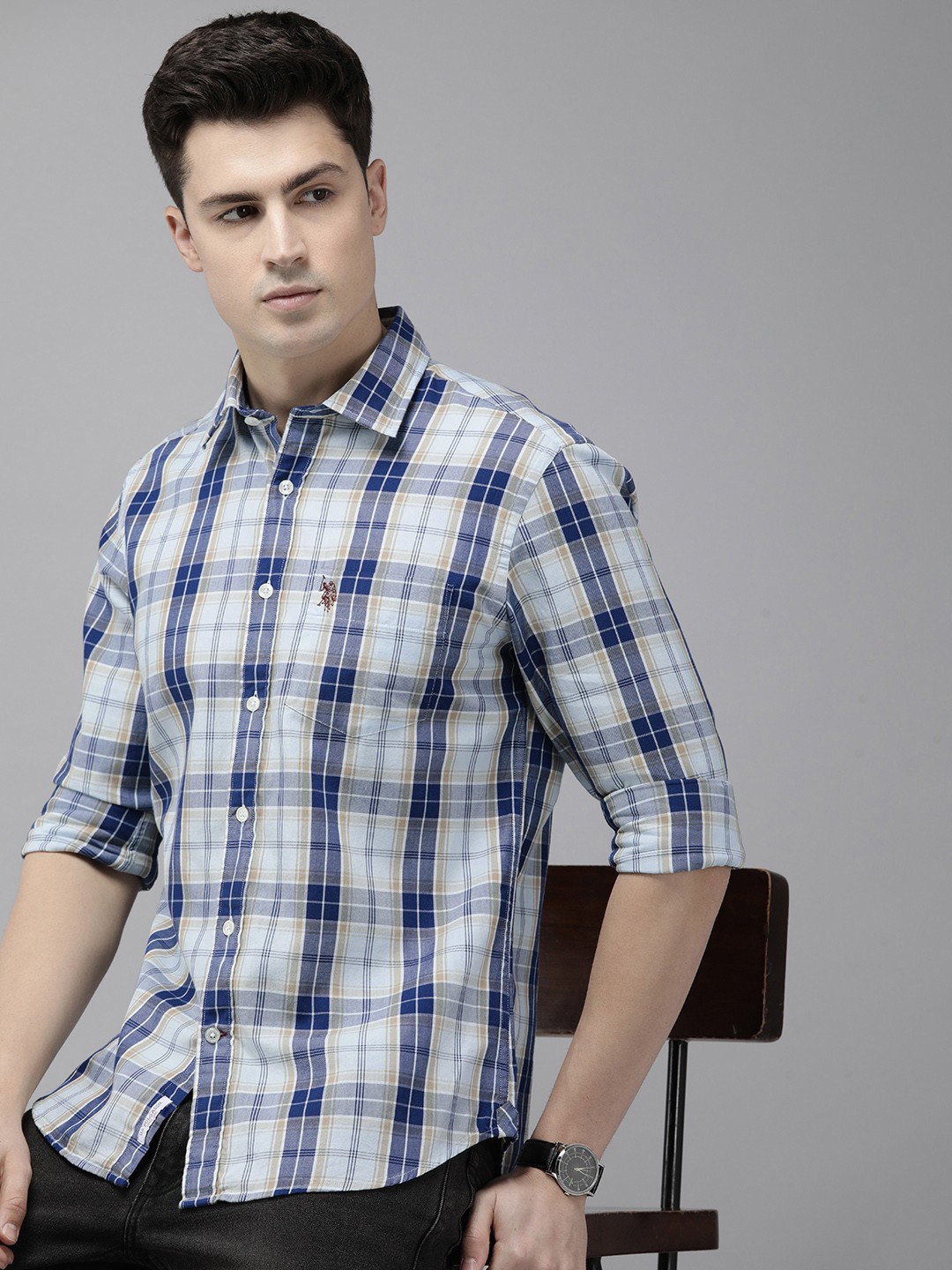 

U.S. Polo Assn. Pure Cotton Tailored Fit Checked Casual Shirt, Blue