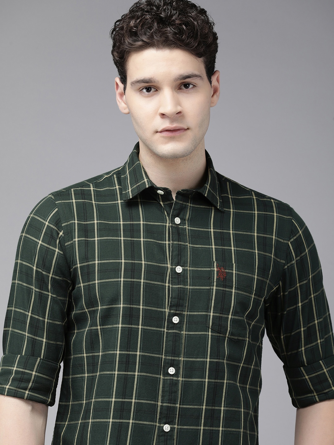 

U.S. Polo Assn. Tailored Fit Checked Pure Cotton Casual Shirt, Green