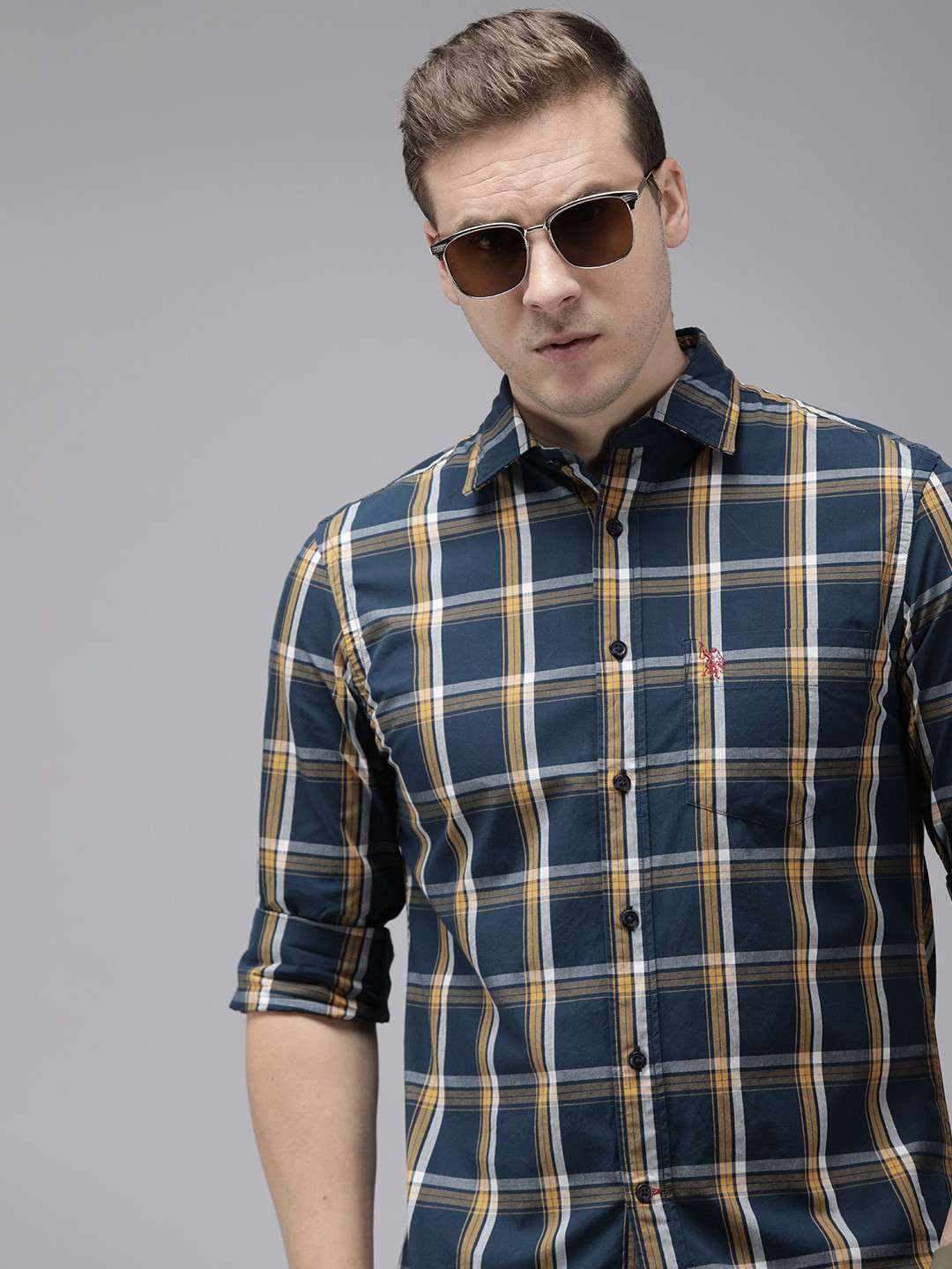 

U.S. Polo Assn. Pure Cotton Tailored Fit Tartan Checked Casual Shirt, Navy blue