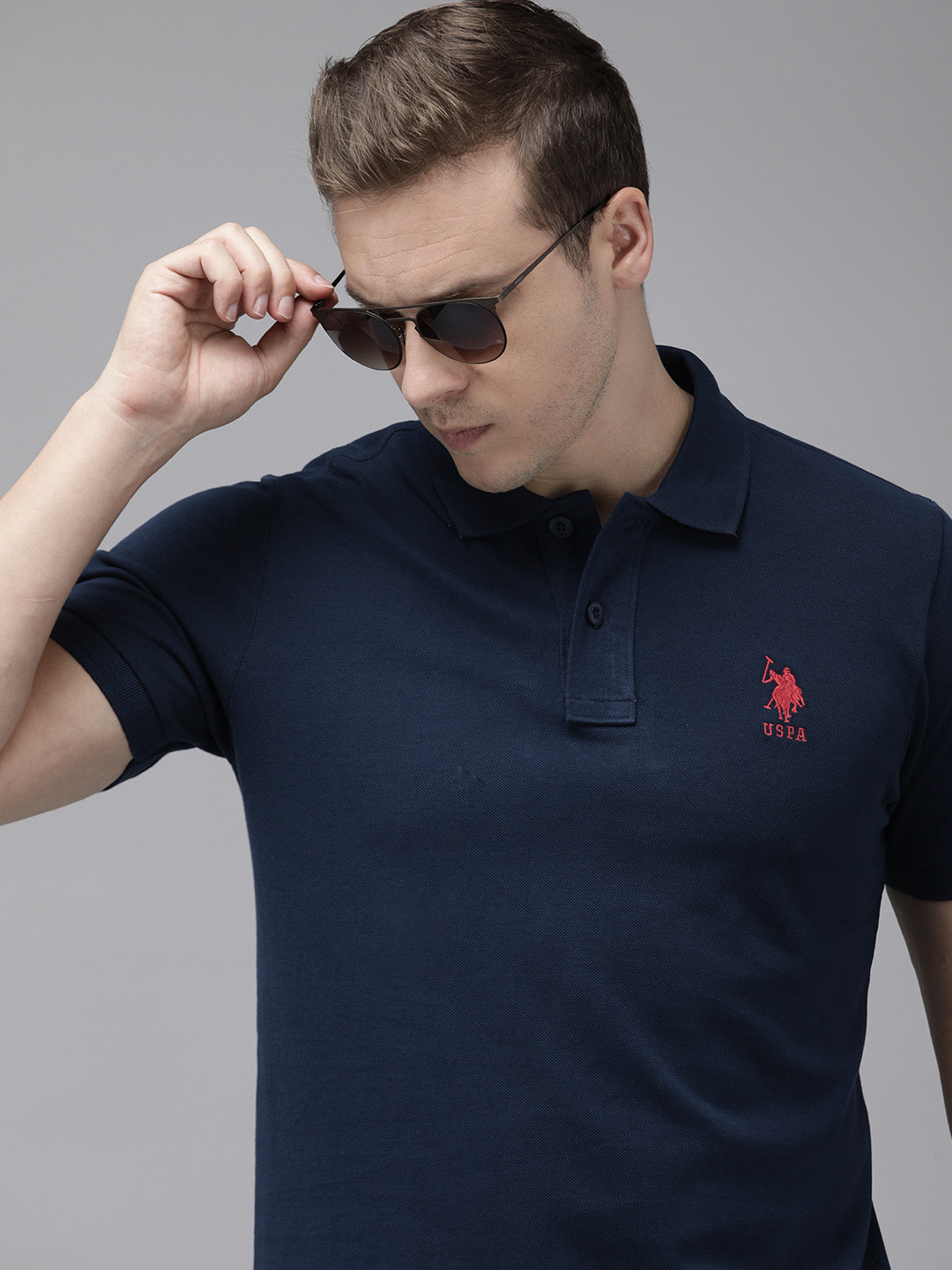 

U.S. Polo Assn. Solid Embroidered Polo Collar Pure Cotton Slim Fit T-shirt, Navy blue