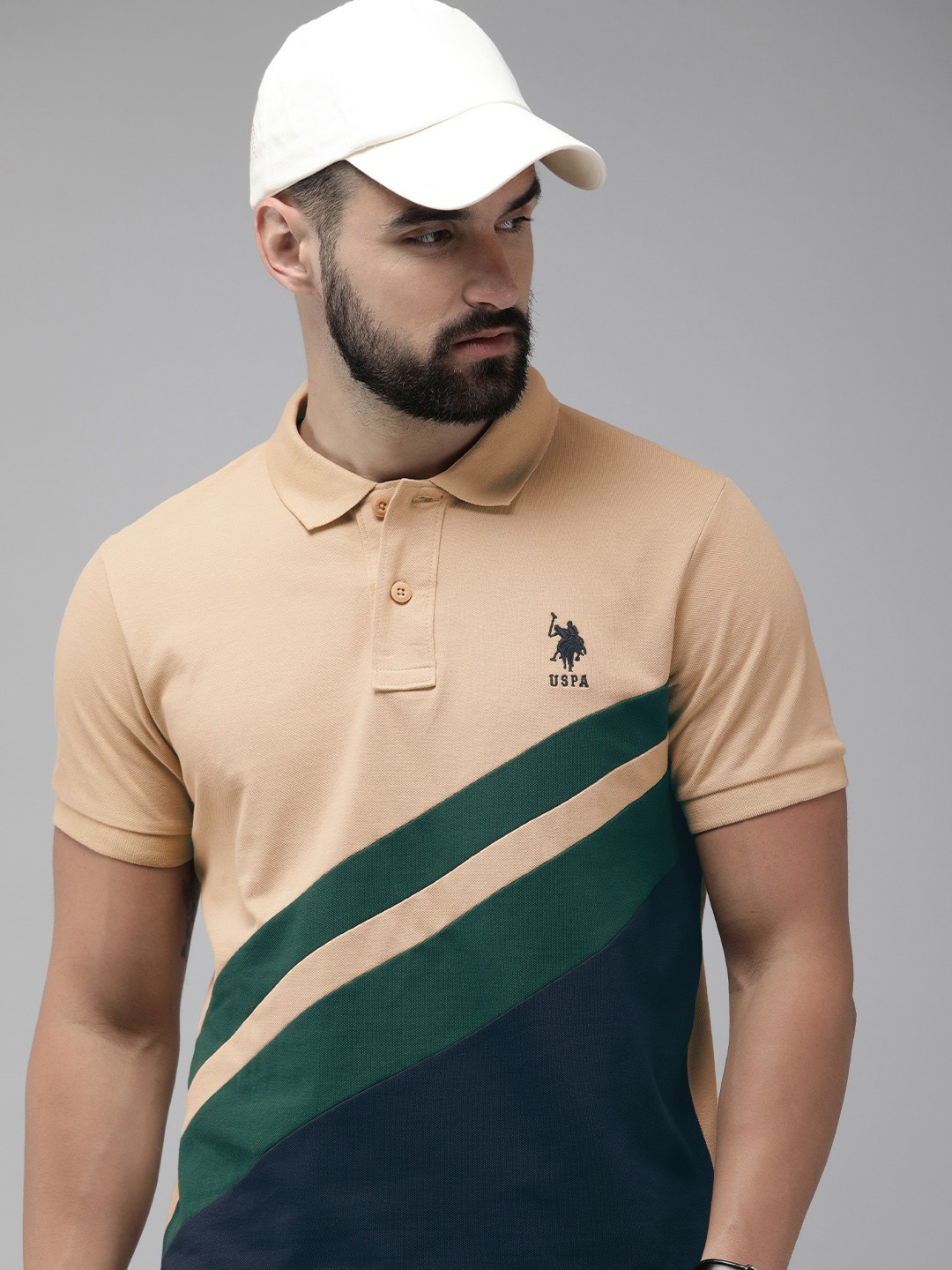 

U.S. Polo Assn. Men Colourblocked Polo Collar Pure Cotton Slim Fit T-shirt, Beige