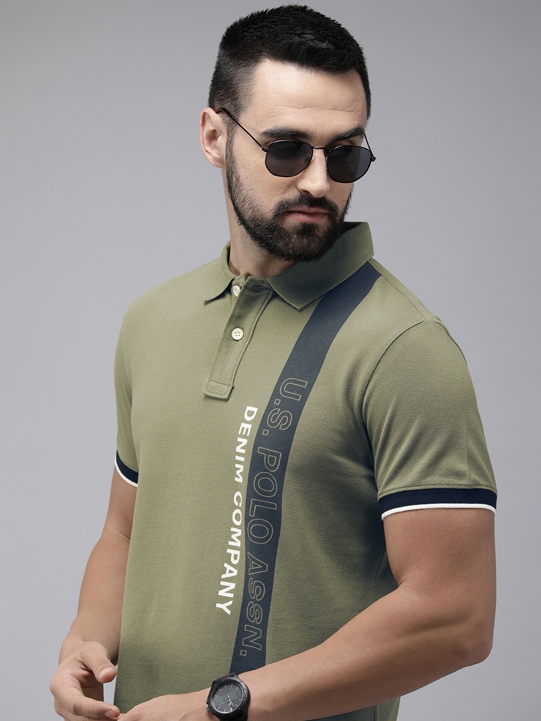 

U.S. Polo Assn. Denim Co. Pure Cotton Brand Logo Printed Polo Collar Slim Fit T-shirt, Olive