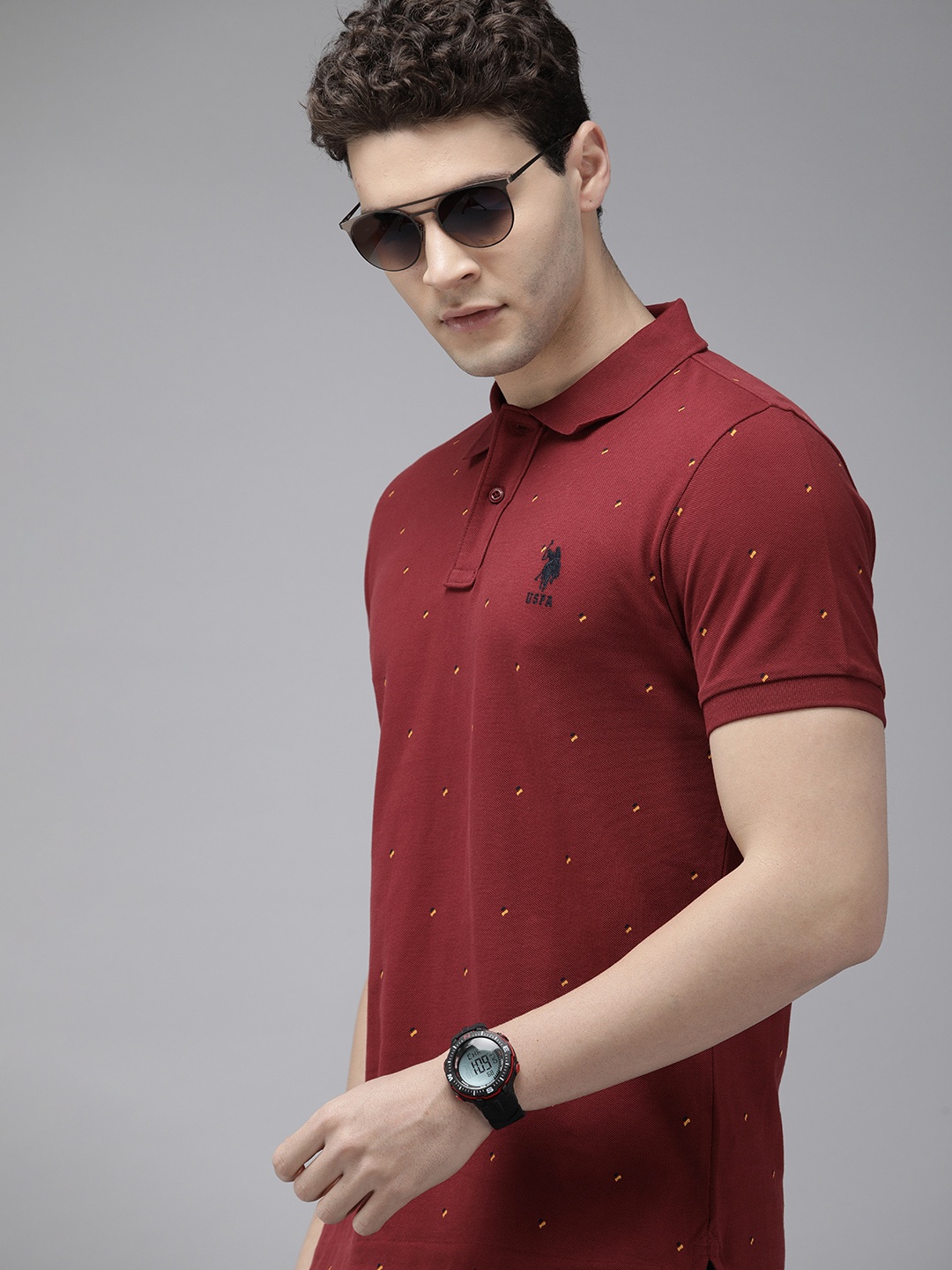 

U.S. Polo Assn. Self Design Embroidered Polo Collar Pure Cotton Slim Fit T-shirt, Maroon