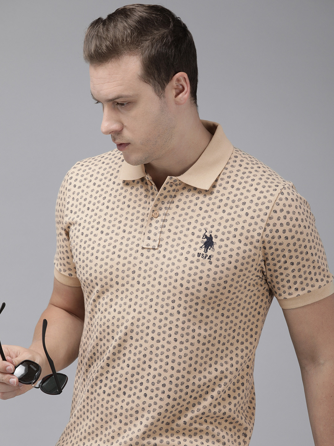 

U.S. Polo Assn. Geometric Self Design Embroidered Polo Collar Pure Cotton Slim Fit T-shirt, Beige